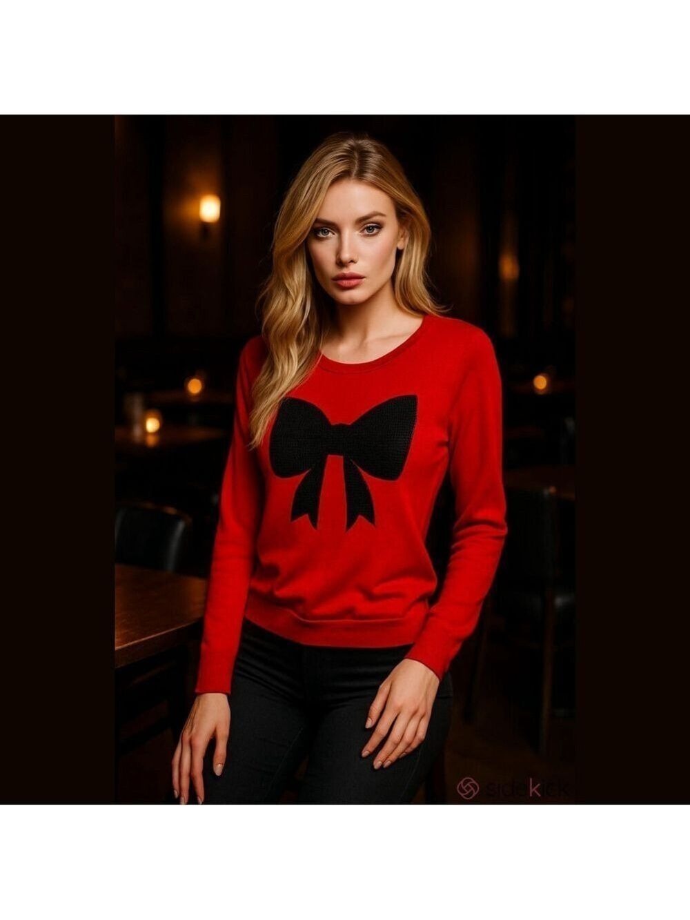 JL Red Sweater Large Black Sequin Bow Y2K